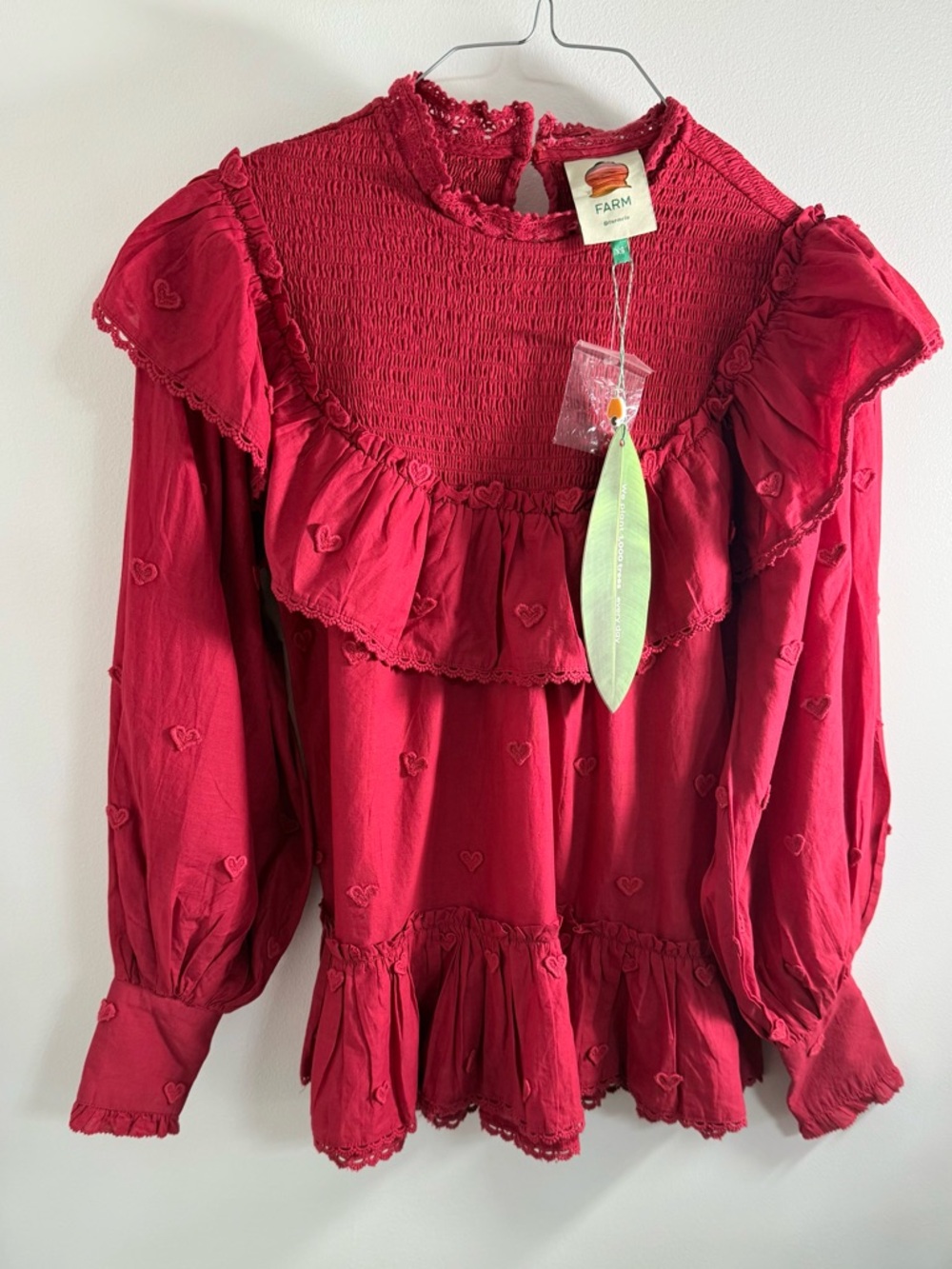 FARM Rio Red Ruffle-Yoke Heart Embroidered Top - Picture 2 of 4